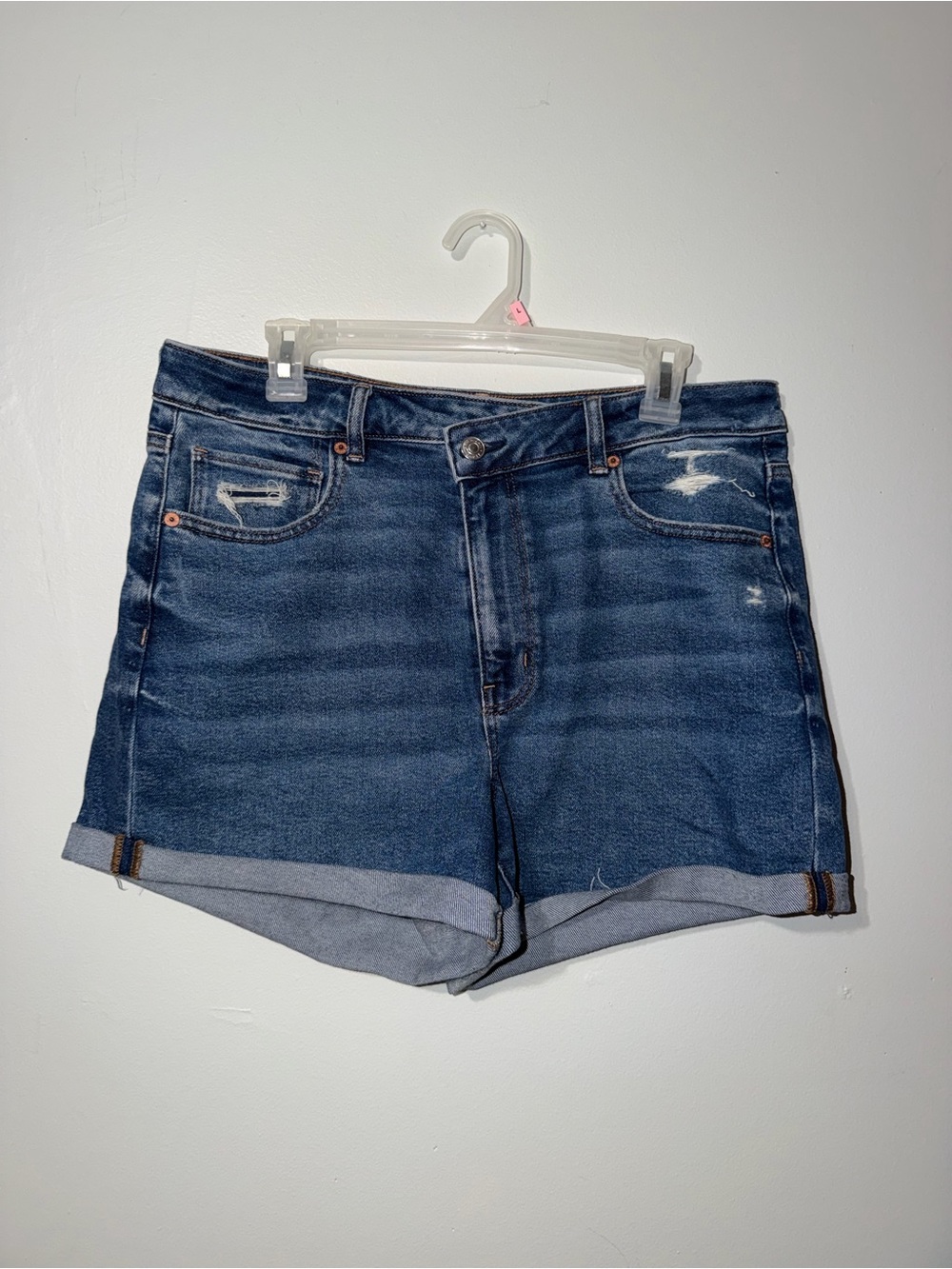 American Eagle Outfitters Distressed Medium Blue Rolled-Hem Denim Shorts